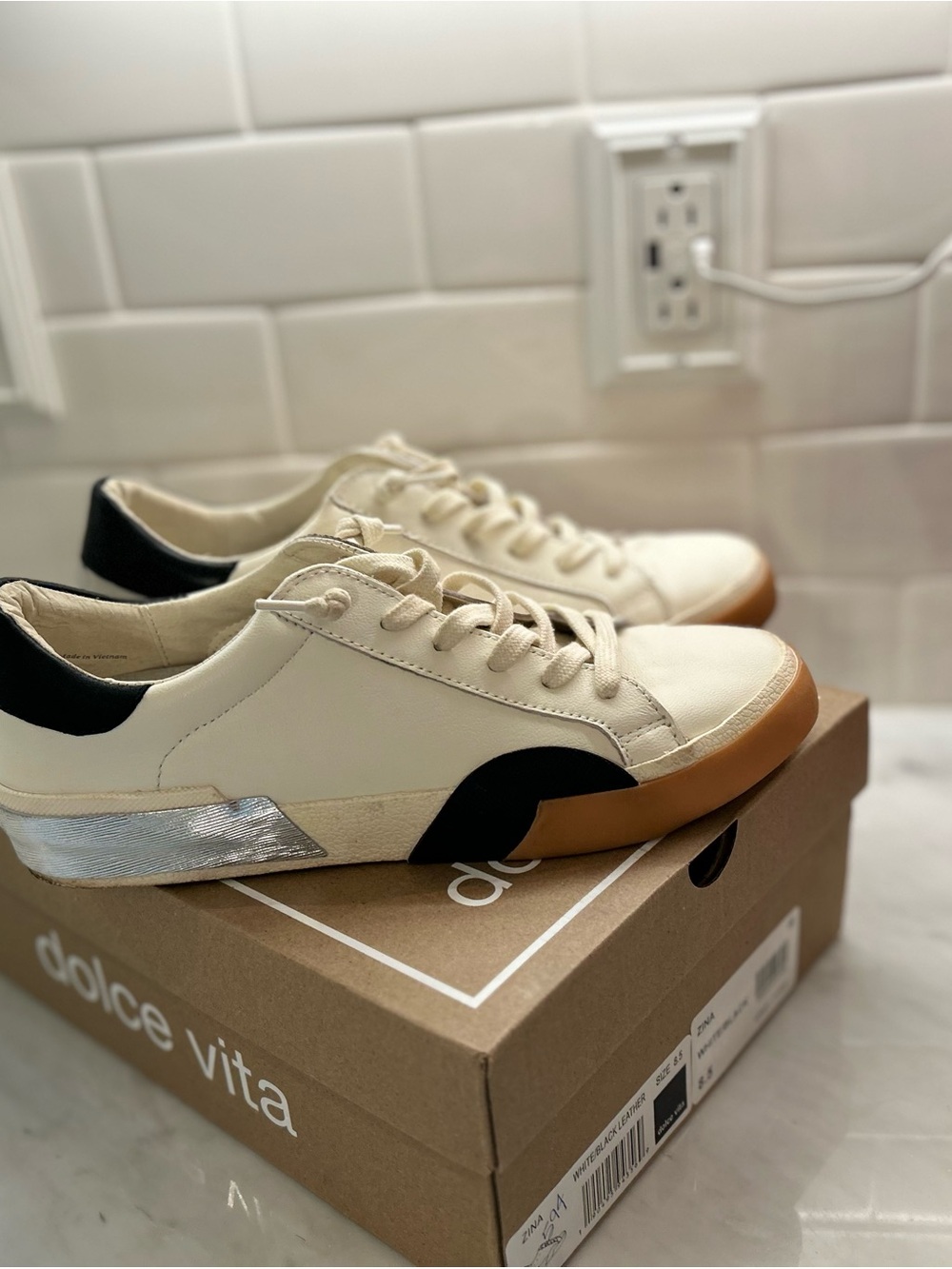 Dolce Vita Cream Leather Sneakers with Black & Silver Accents